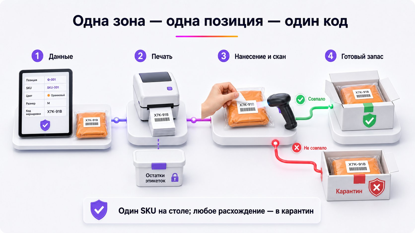 Как организовать маркировку без пересорта — Работайте по изолированным зонам и держите на столе только одну позицию: напечатали ограниченную партию, сопоставили, наклеили, сразу отсканировали и лишь после PASS переместили в готовый запас.