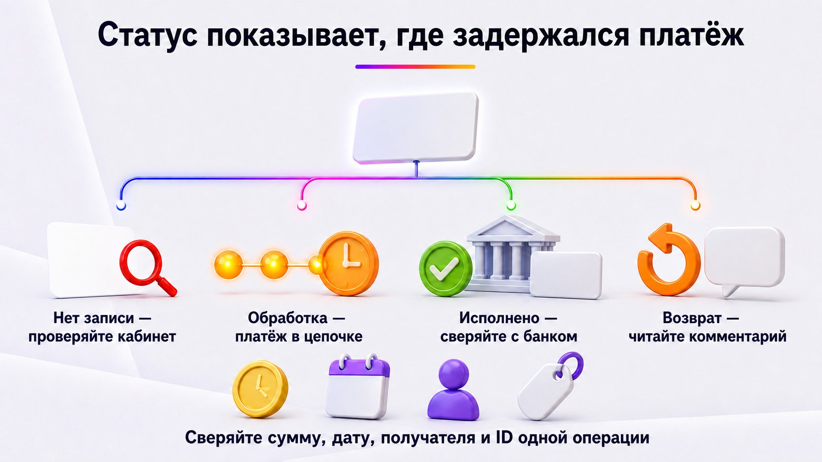 Как понять, где задержался платёж — в Wildberries или банке — Нет записи — проверяйте кабинет; исполнено без денег — сверяйтесь с банком; возврат — по комментарию.