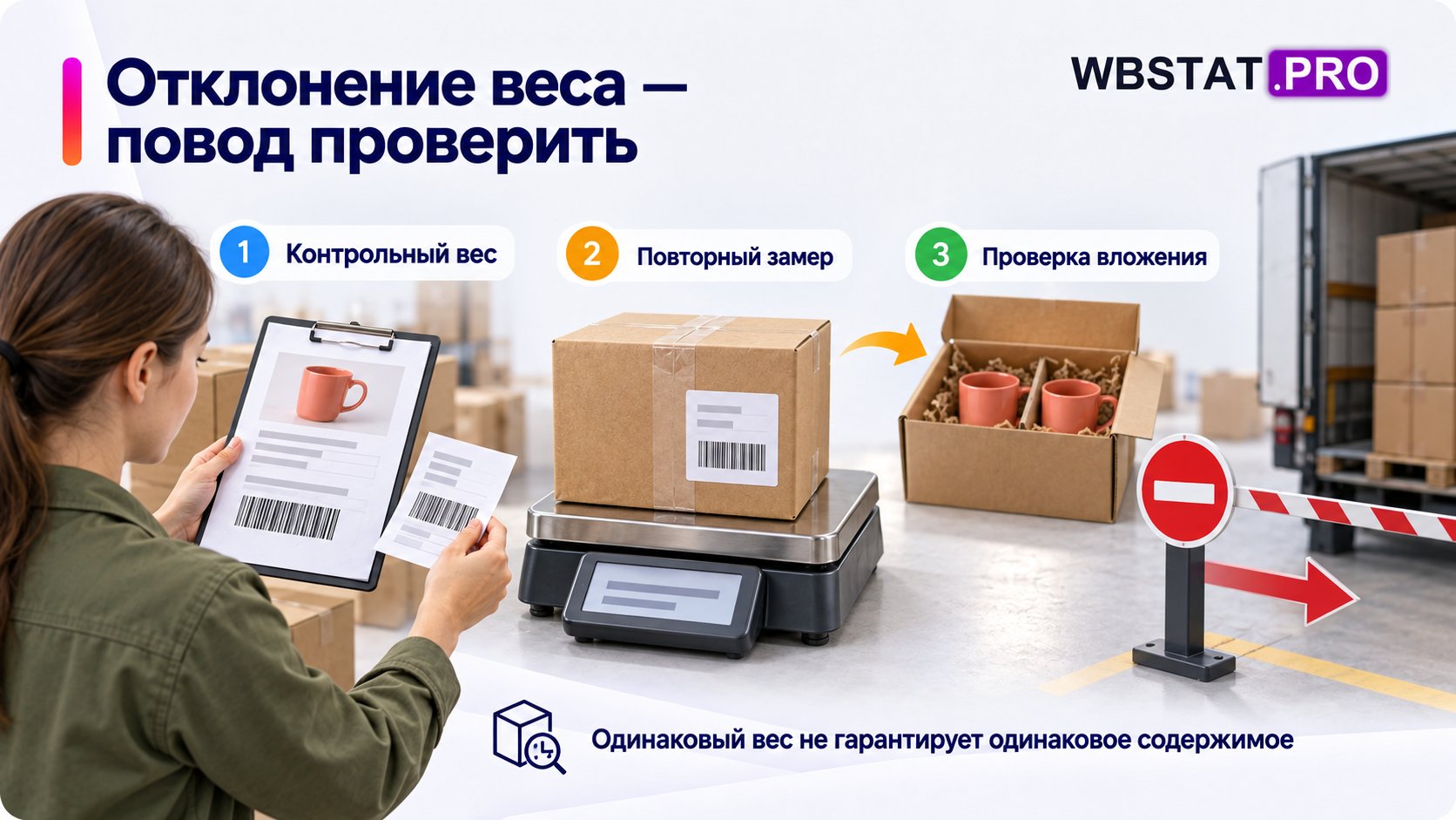 Взвешивание помогает выявить отклонение до передачи.; Вес дополняет маркировку и проверку вложения, а не заменяет их.