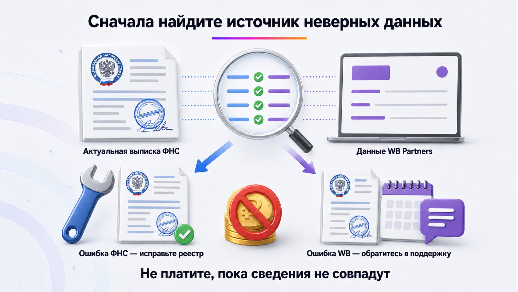 Что делать, если Wildberries показывает неверные данные компании или ИП — Сравните данные WB Partners с актуальной выпиской ФНС: ошибку реестра исправляют в ФНС, а расхождение формы передают поддержке до оплаты.