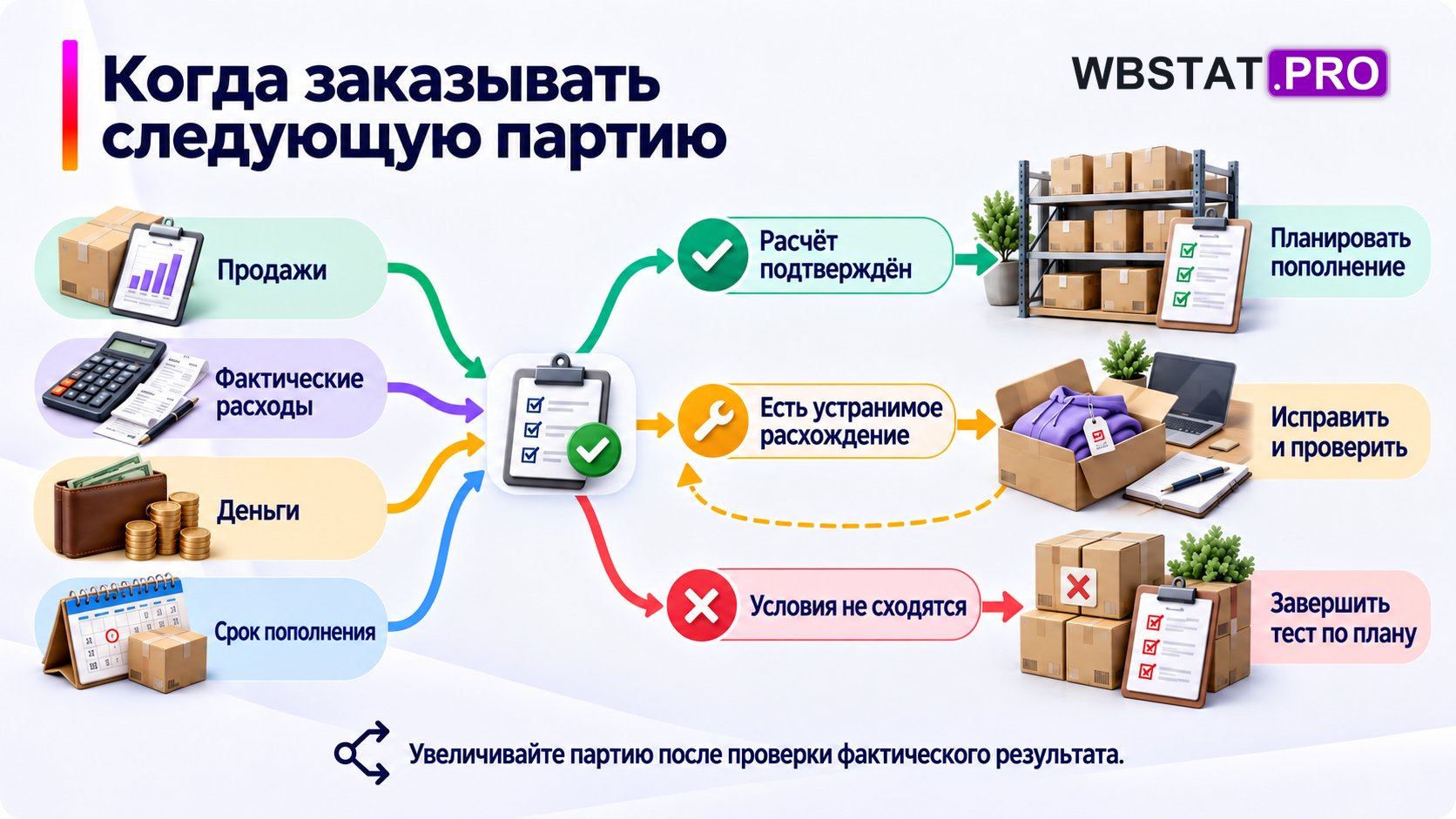 После теста: планировать пополнение, исправить расхождение или завершить тест.