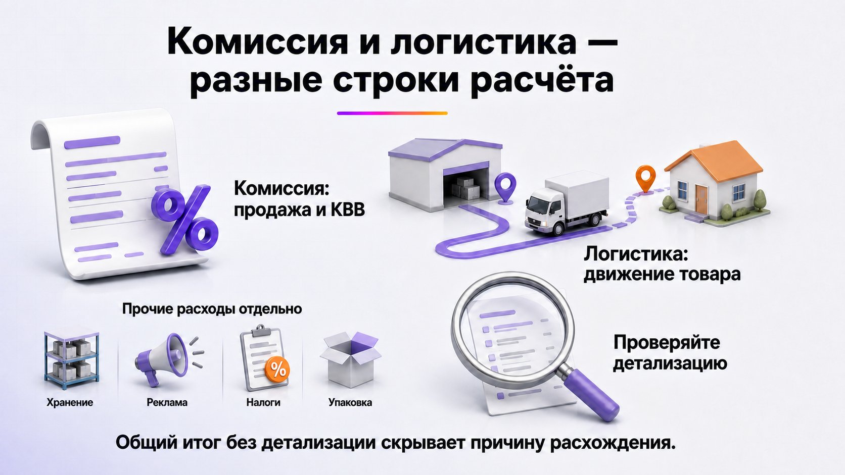 Чем комиссия Wildberries отличается от логистики — Комиссия относится к продаже и КВВ, логистика — к движению товара; остальные расходы считают отдельными статьями.