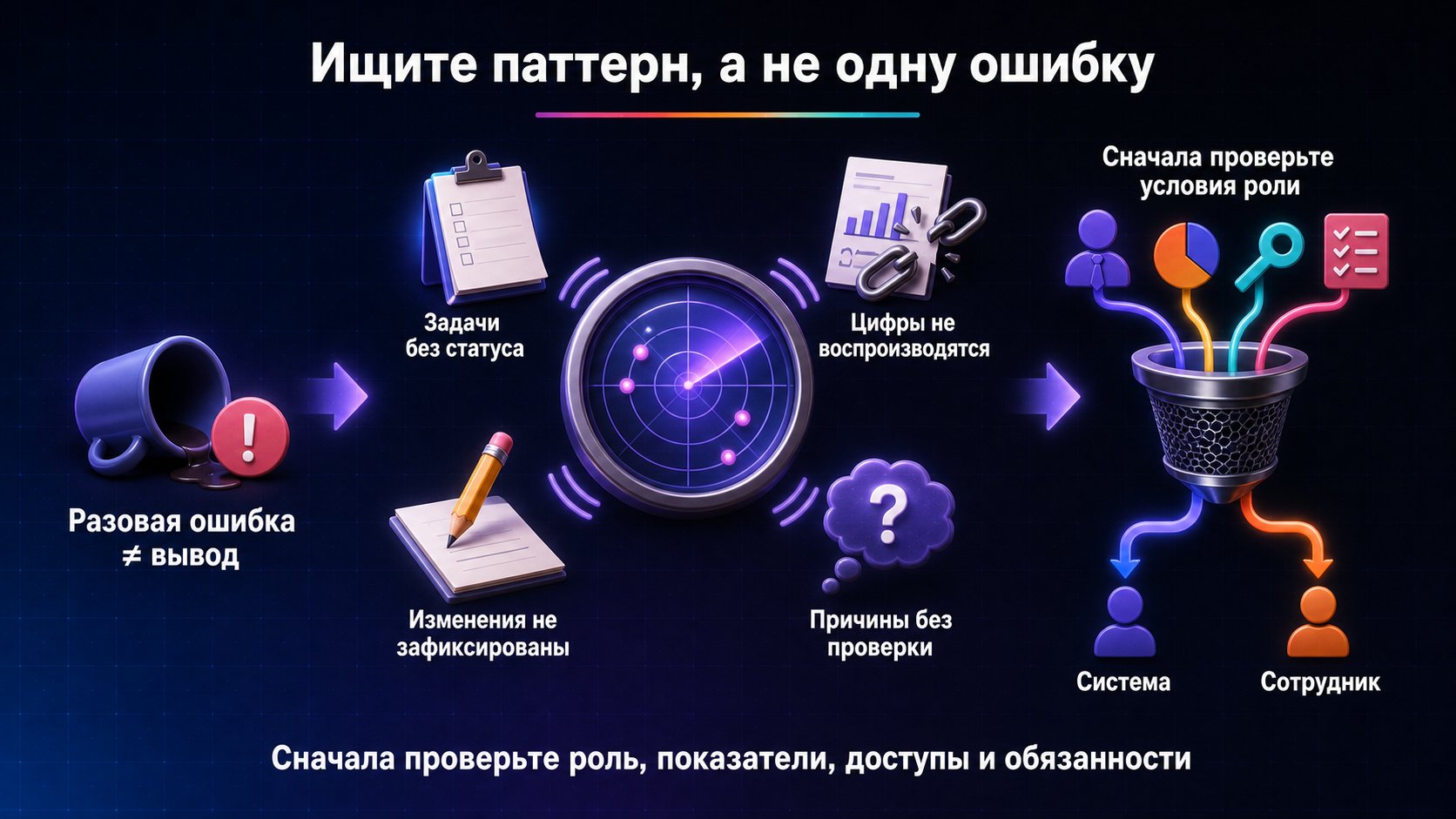 По каким признакам видно, что менеджер не справляется — О слабой работе говорит повторяющаяся невоспроизводимость процесса, но сначала исключите дефект самой роли и системы.