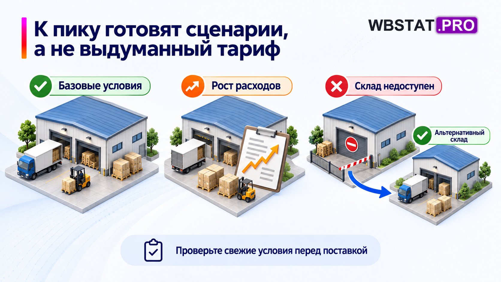 Три сценария подготовки к пиковому периоду с альтернативным складом.