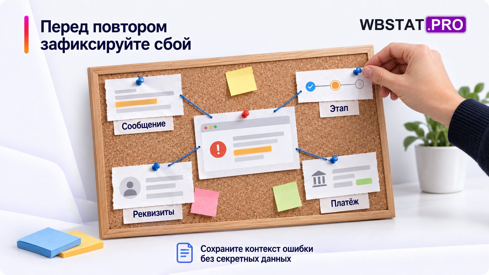 Четыре части контекста собраны вокруг снимка ошибки без паролей и кодов.