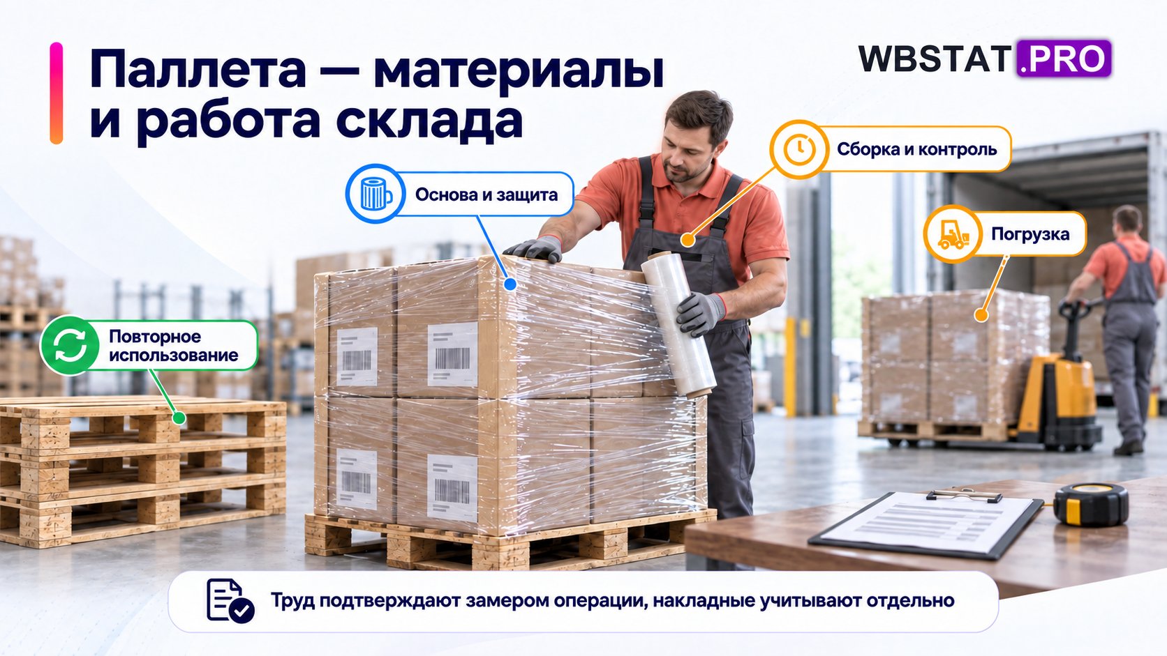 Паллетирование включает материалы, труд, контроль и погрузку.; Повторное использование требует правил списания и потерь; труд подтверждают замером.