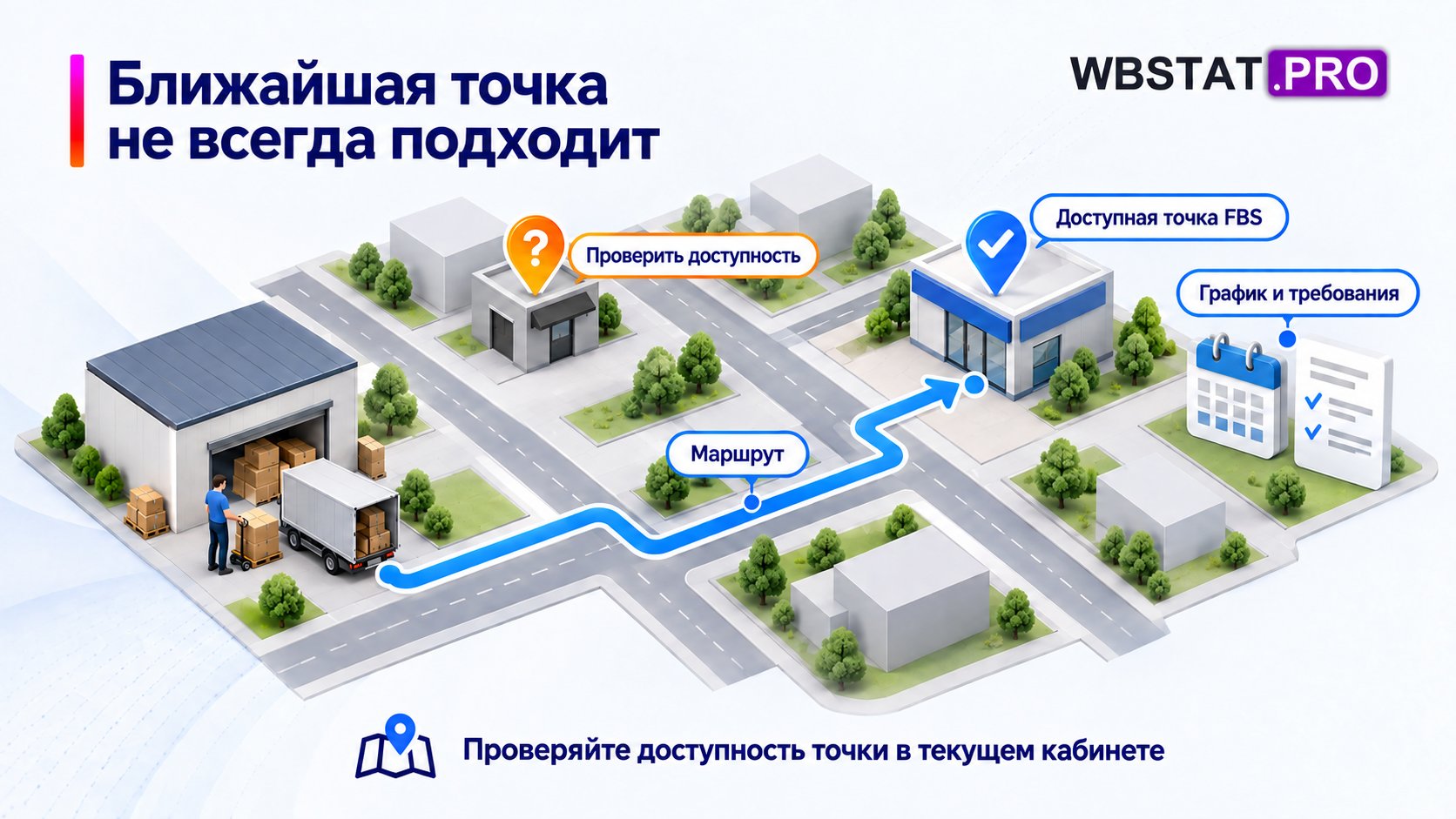 Выбор доступной точки FBS с проверкой маршрута и графика