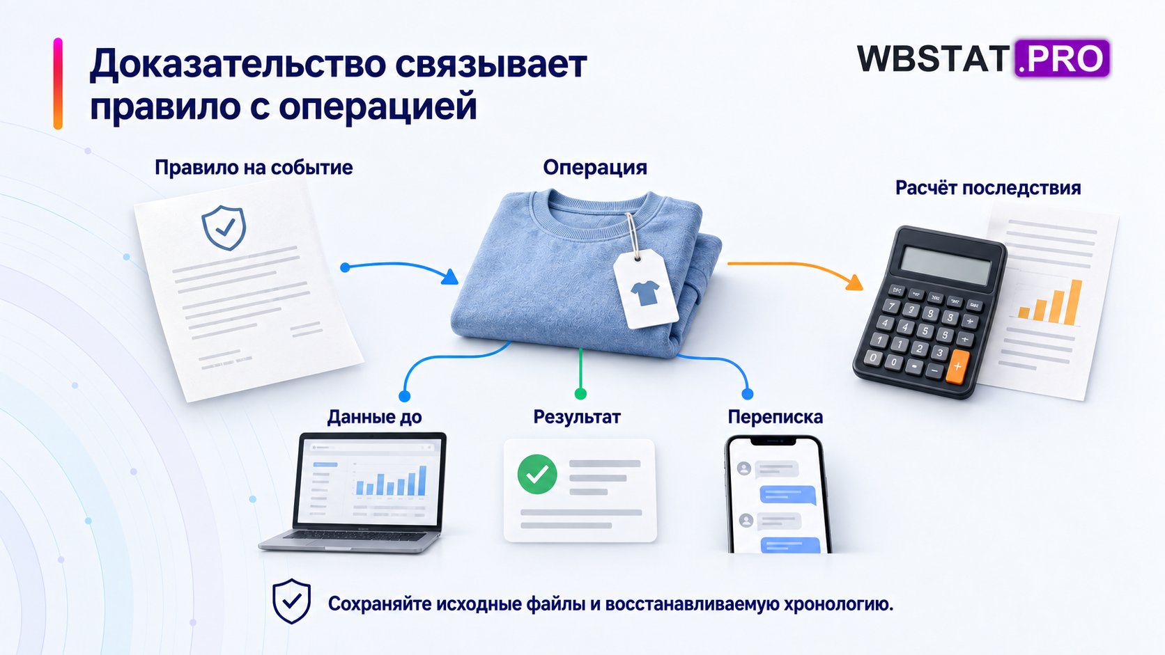 Доказательство связывает правило с операцией. Сохраняйте исходные файлы и восстанавливаемую хронологию.