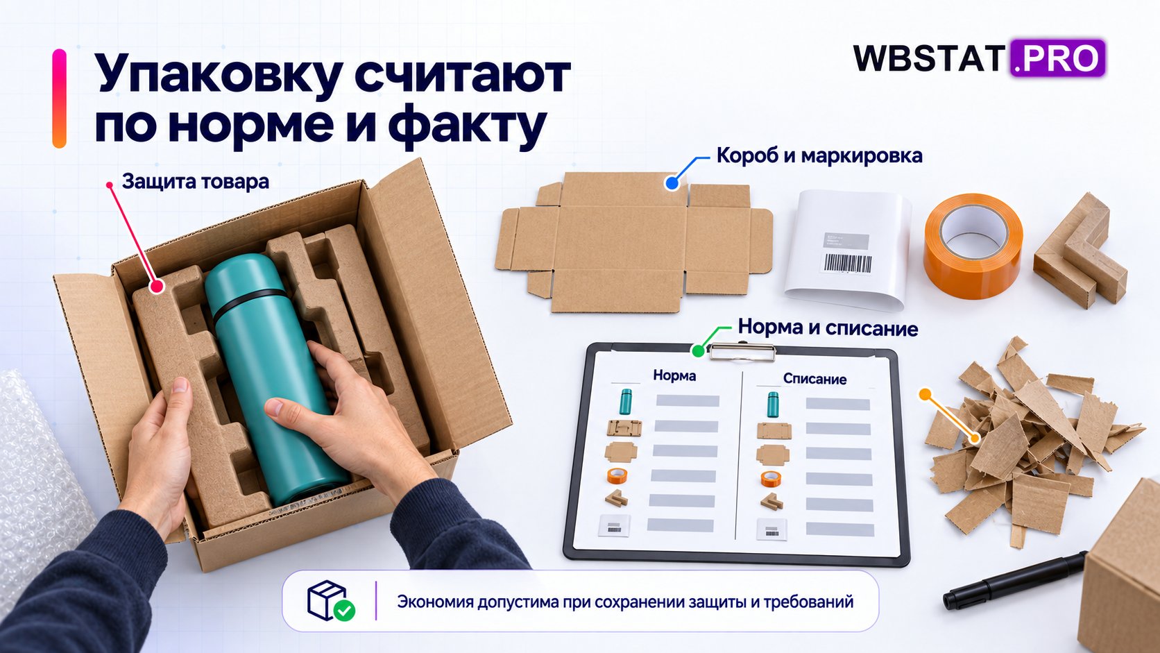 Норму материалов задают для группы товара и сверяют с фактическим списанием.; Перерасход ищут в размере, качестве материала и стандарте упаковки, сохраняя защиту.
