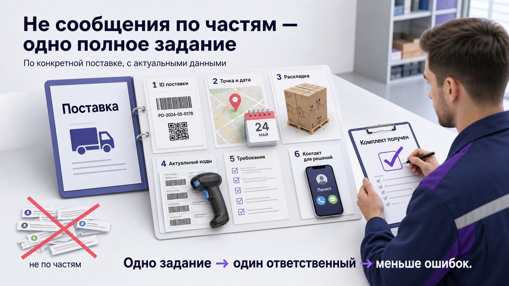 Что передать сотруднику, фулфилменту или перевозчику — Исполнитель получает ID поставки, точку и дату, раскладку, актуальные коды, требования и контакт для решений.