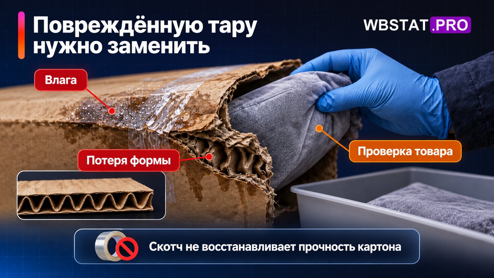 Деталь повреждённого картона показывает причину замены тары и проверки содержимого.