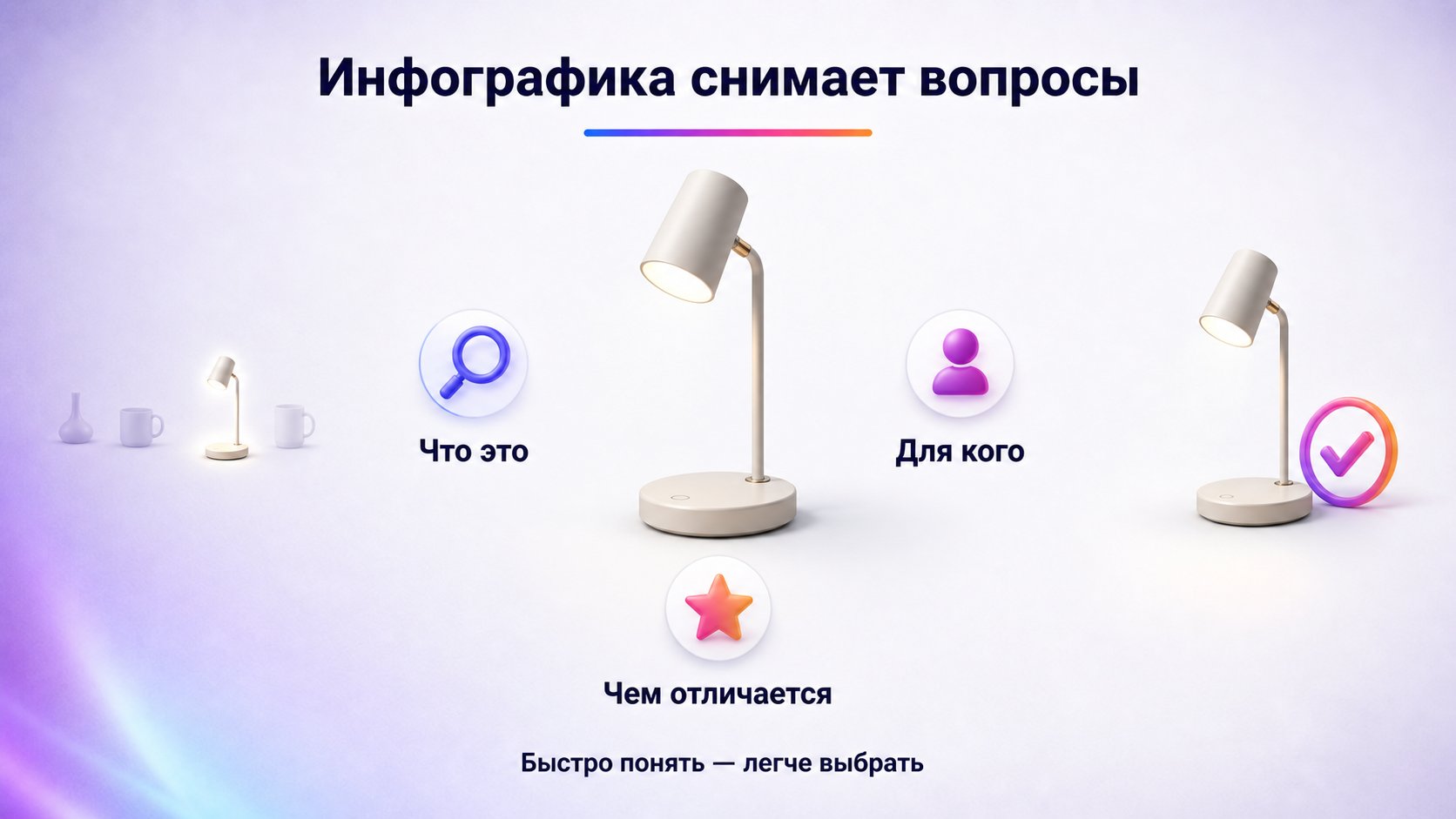 Какие задачи решает инфографика в карточке Wildberries — Инфографика помогает быстро понять товар: что это, для кого он подходит, чем отличается, какого размера и как используется. На главном изображении она поддерживает решение открыть карточку, а внутри галереи — отвечает на вопросы, которые мешают заказу.