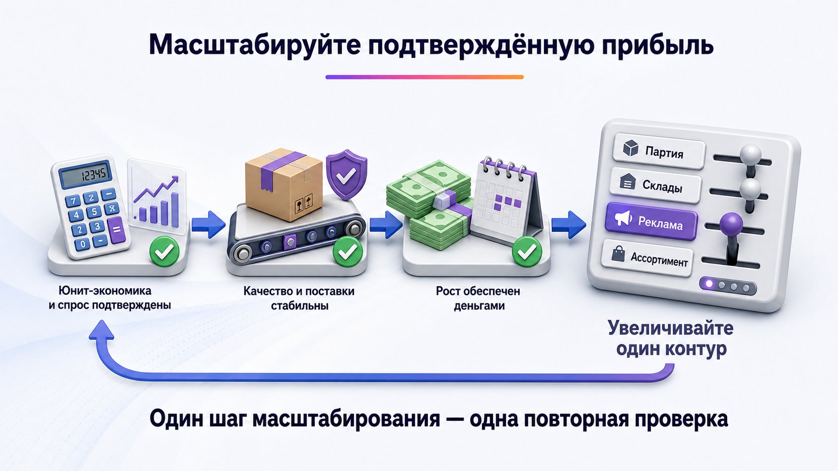 Когда прибыльный товар можно масштабировать — Масштабируйте после подтверждения экономики, спроса, качества, поставок и денежного резерва — по одному контуру за шаг.