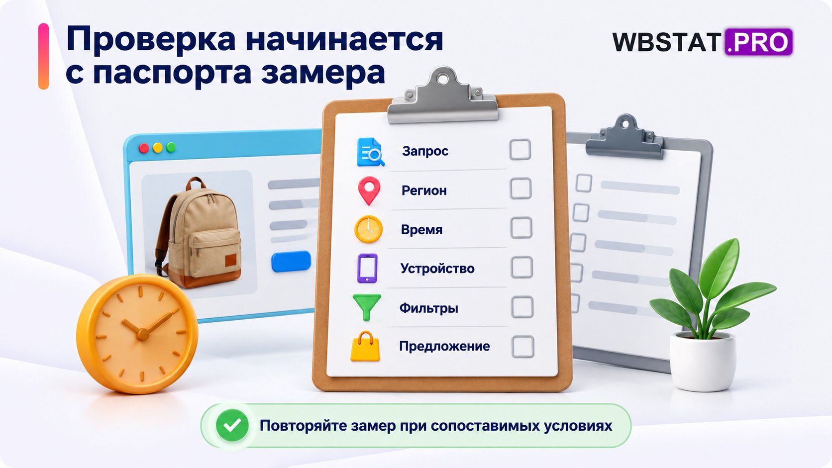 Паспорт замера с запросом, регионом, временем, устройством, фильтрами и параметрами предложения.