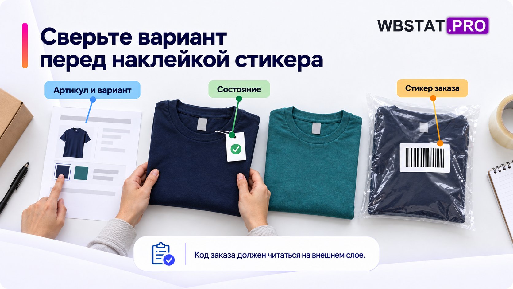 Проверка варианта и состояния товара перед размещением стикера на внешней упаковке.