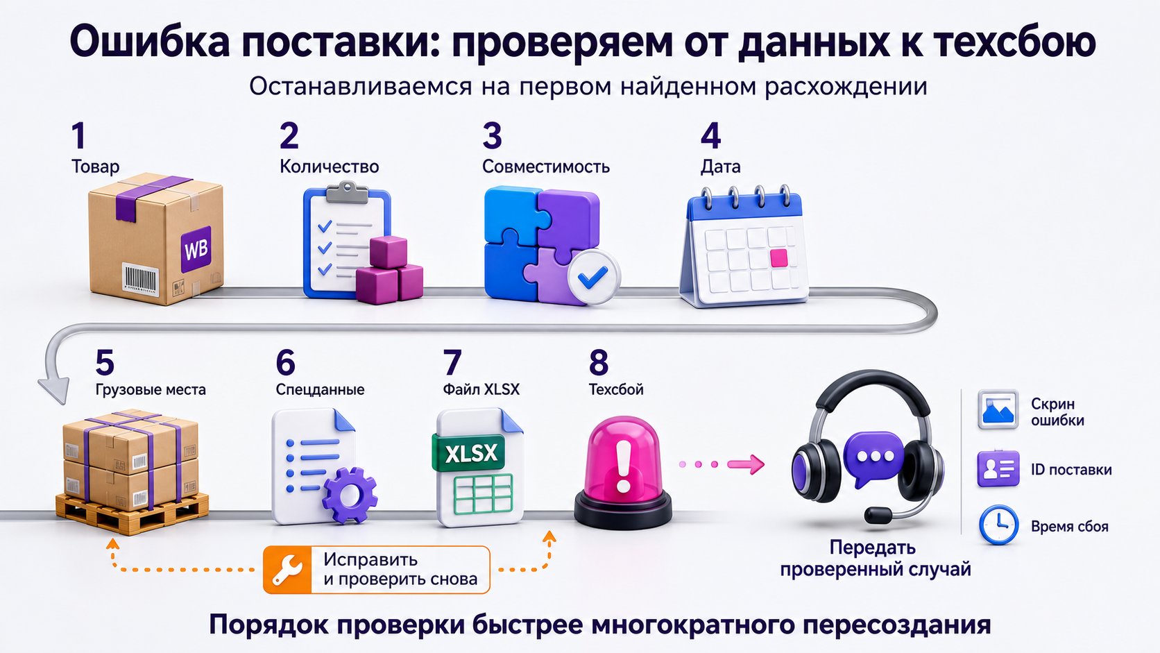 Почему Wildberries не даёт создать или завершить поставку — Проверяйте последовательно товар, количество, совместимость, дату, грузовые места, спецданные, файл и технический сбой.