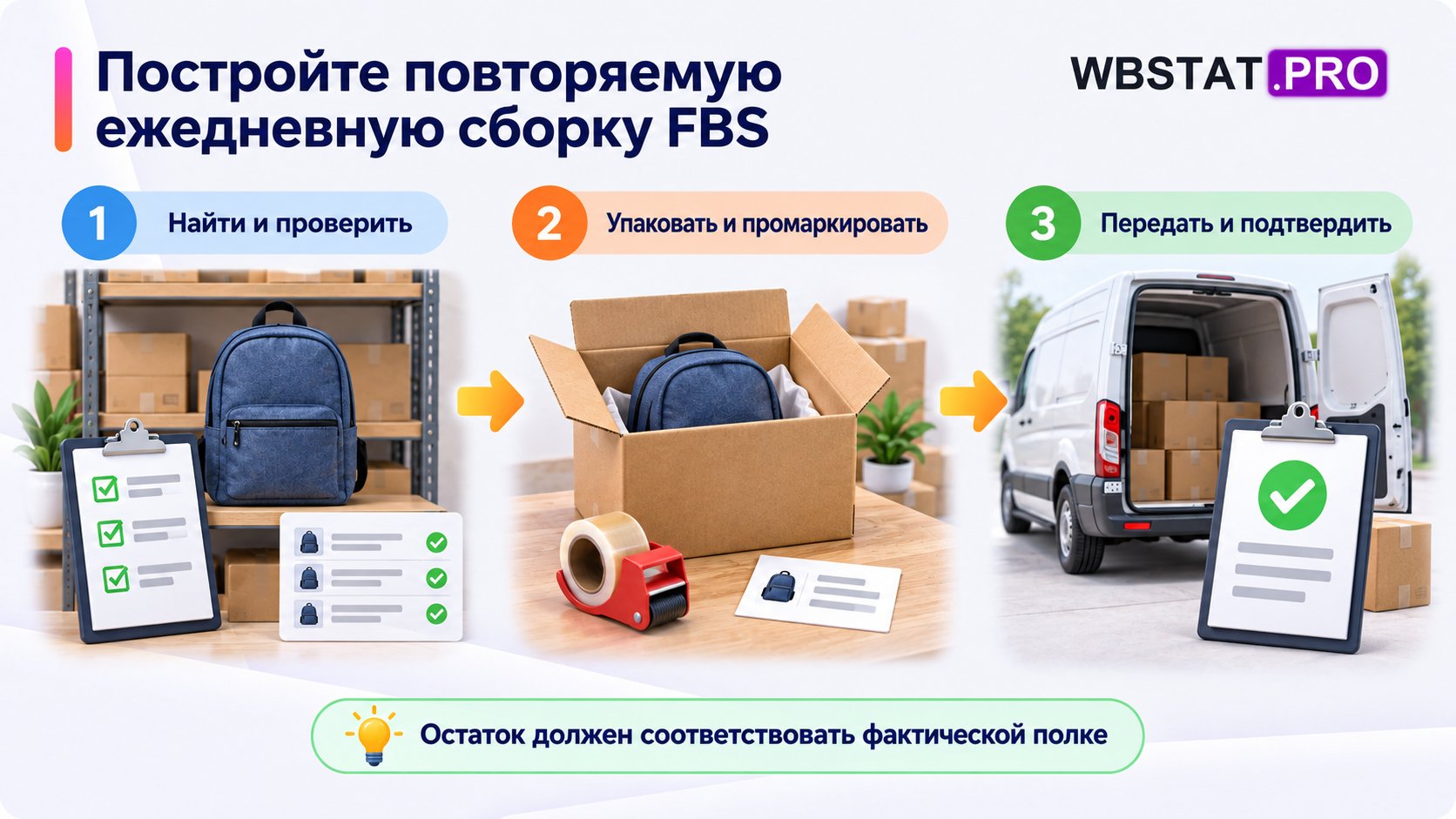 Цикл FBS: найти и проверить товар, упаковать и промаркировать, передать с подтверждением.