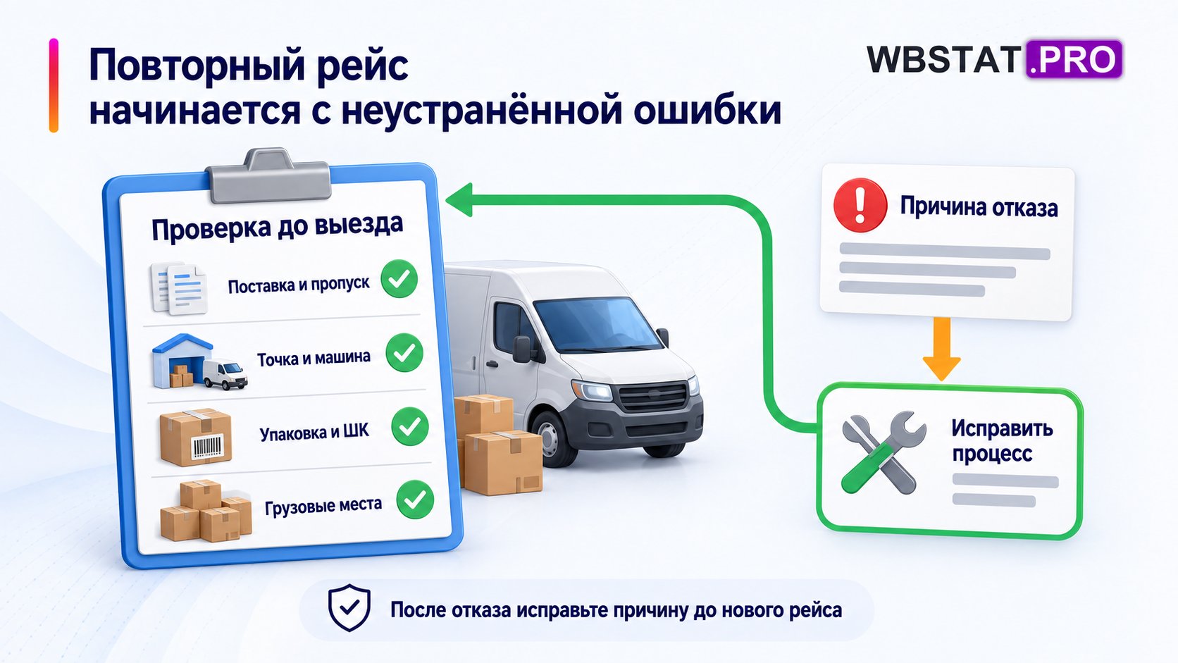 Предрейсовая проверка и возврат причины отказа в исправление процесса.
