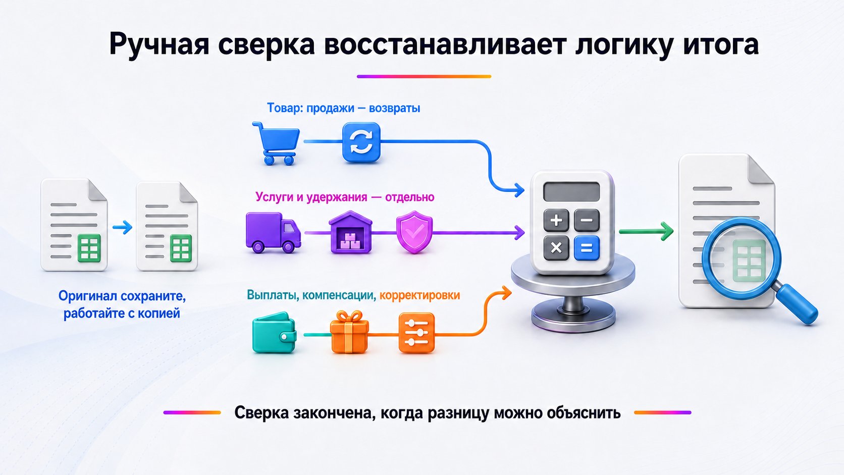 Как сверить итог отчёта Wildberries вручную — Сведите отдельно товар, расходы и дополнительные движения, а затем соберите итог и объясните каждую заметную разницу.