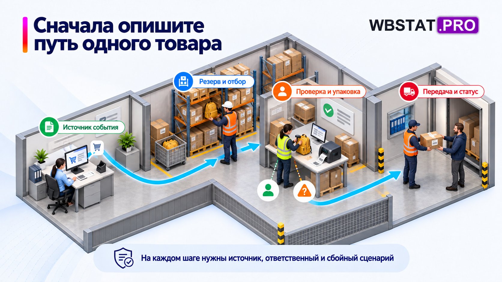 До выбора программы описывают путь товара и ответственность за состояния.; Для каждого шага нужны источник, результат, роль и действие при сбое.