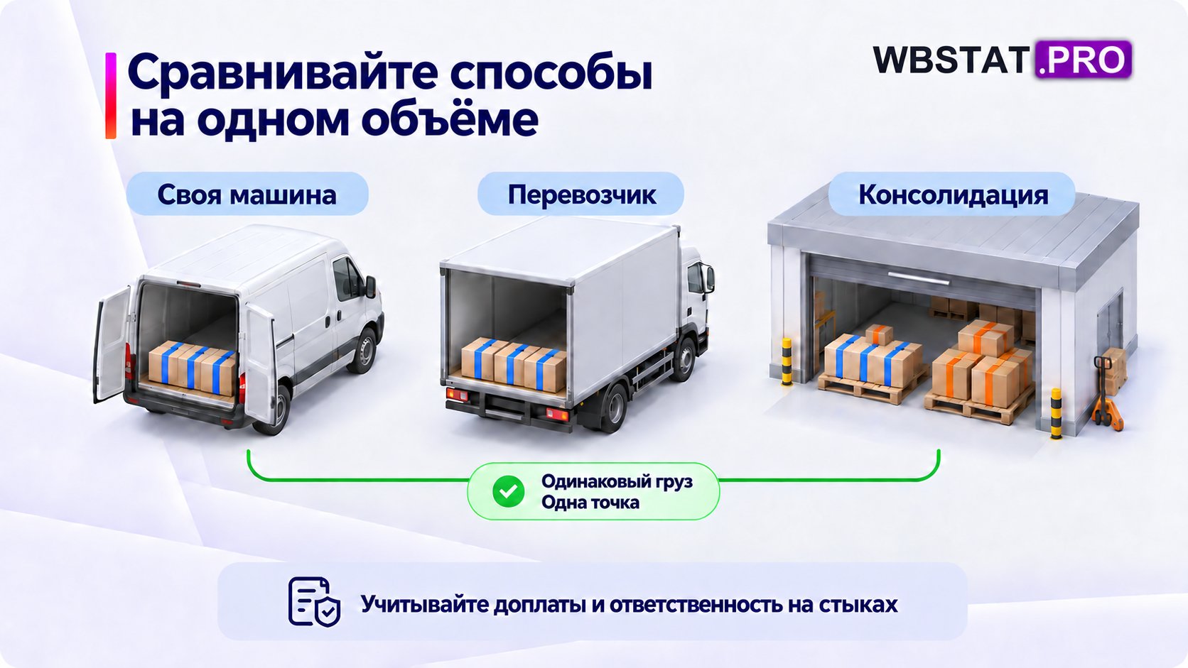 Три способа перевозки сравниваются для одного объёма и точки.