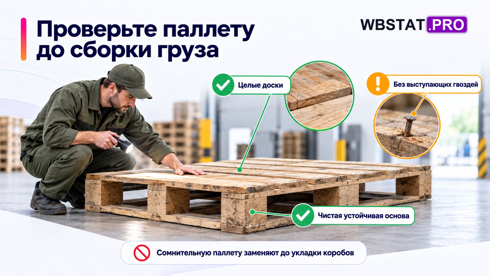 Повторно используемая паллета должна быть исправной, чистой и устойчивой.; Проверяют до укладки; сомнительную основу заменяют, а не маскируют случайной доской.