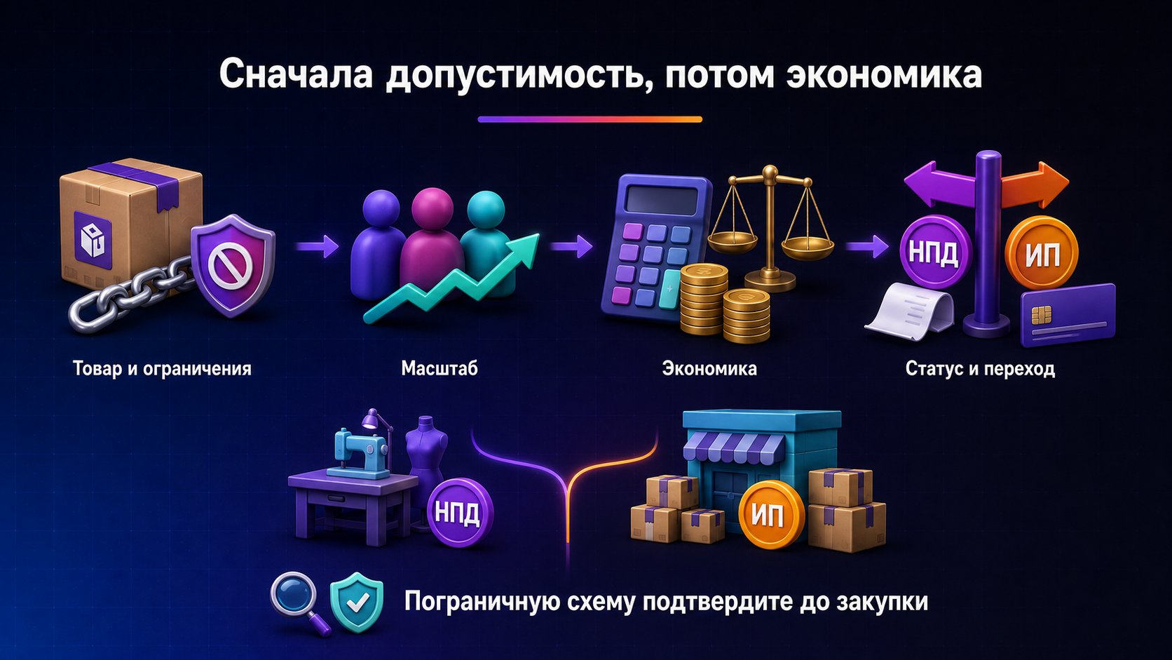 Как принять итоговое решение между НПД и ИП — Выбор между НПД и ИП принимают по товару, запретам, масштабу, экономике и порядку перехода — не по одной налоговой ставке.