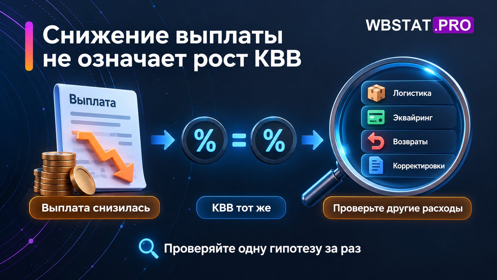 При снижении выплаты и неизменном КВВ проверяют логистику, эквайринг, возвраты и корректировки.