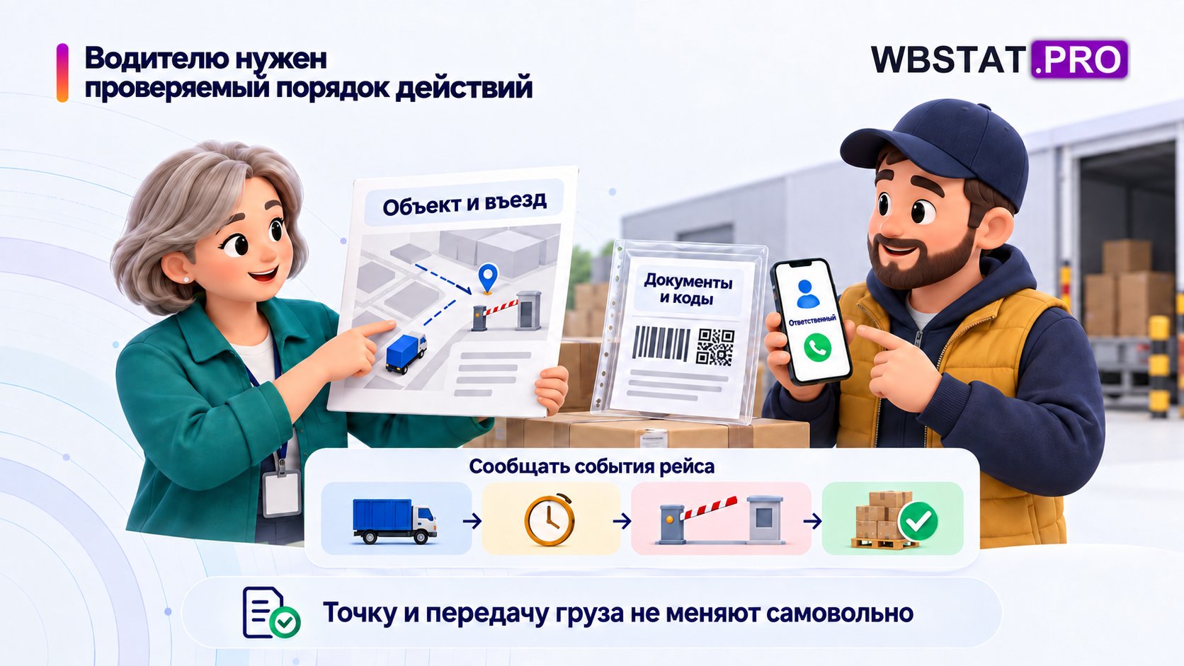 Инструктаж связывает точный объект, документы, контакт и сообщения о событиях.; Водитель сообщает ход рейса и не меняет точку или передачу самовольно.