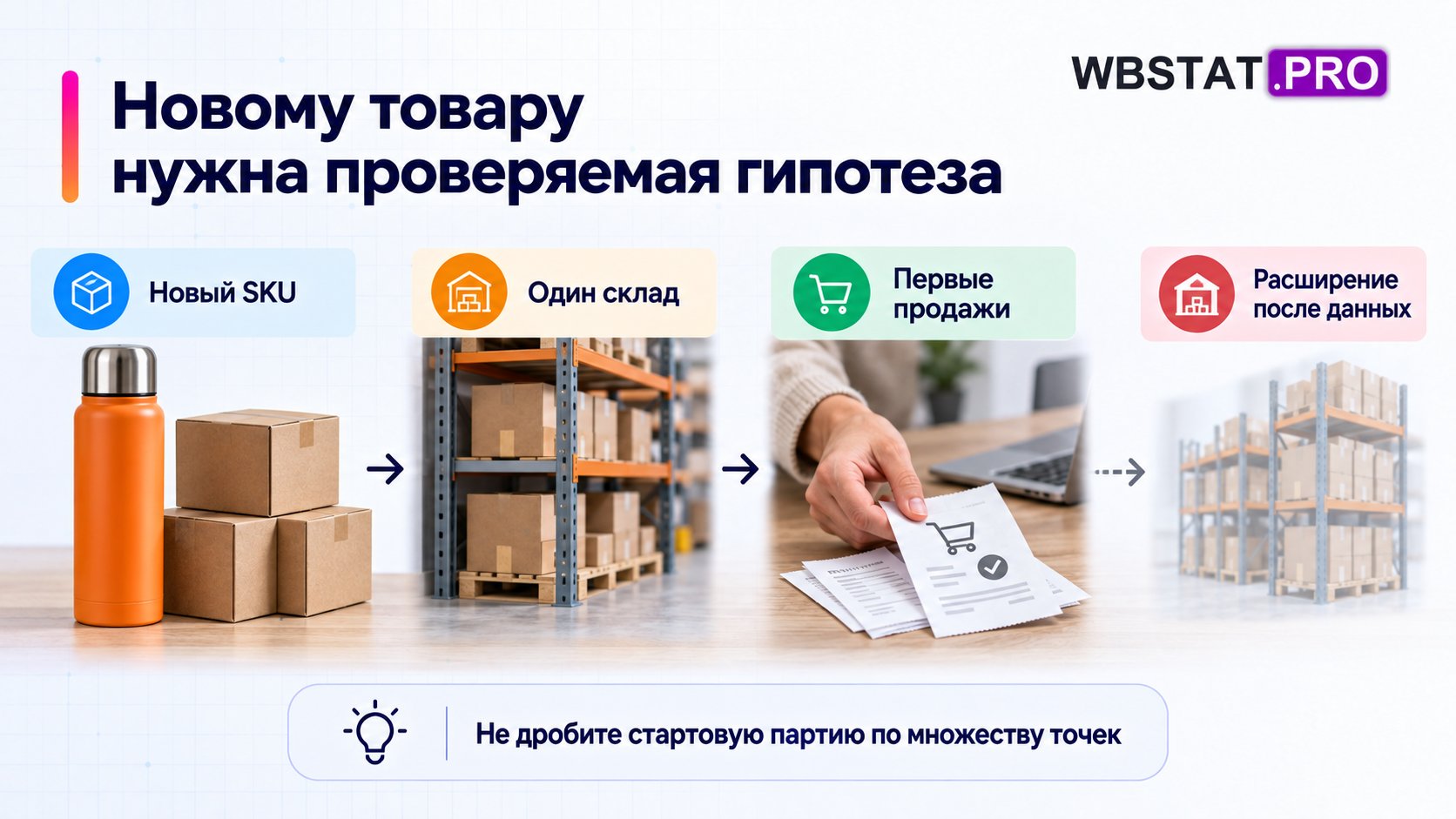 Новый товар с небольшой партией на одном складе и расширением после первых продаж.