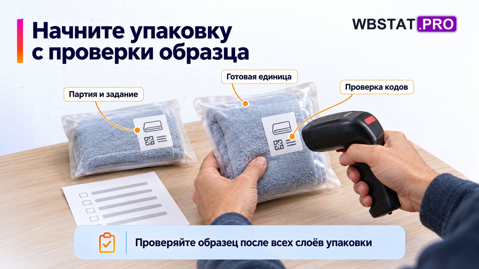 Работник сверяет готовую упакованную единицу с заданием перед упаковкой партии.