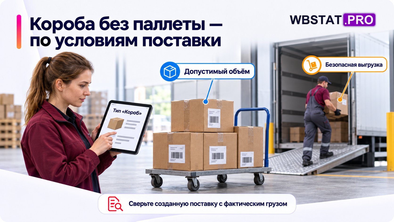 Отдельные короба допустимы, если подходят тип, объём и условия объекта.; Фактический груз должен совпасть с созданной поставкой и безопасно выгружаться.