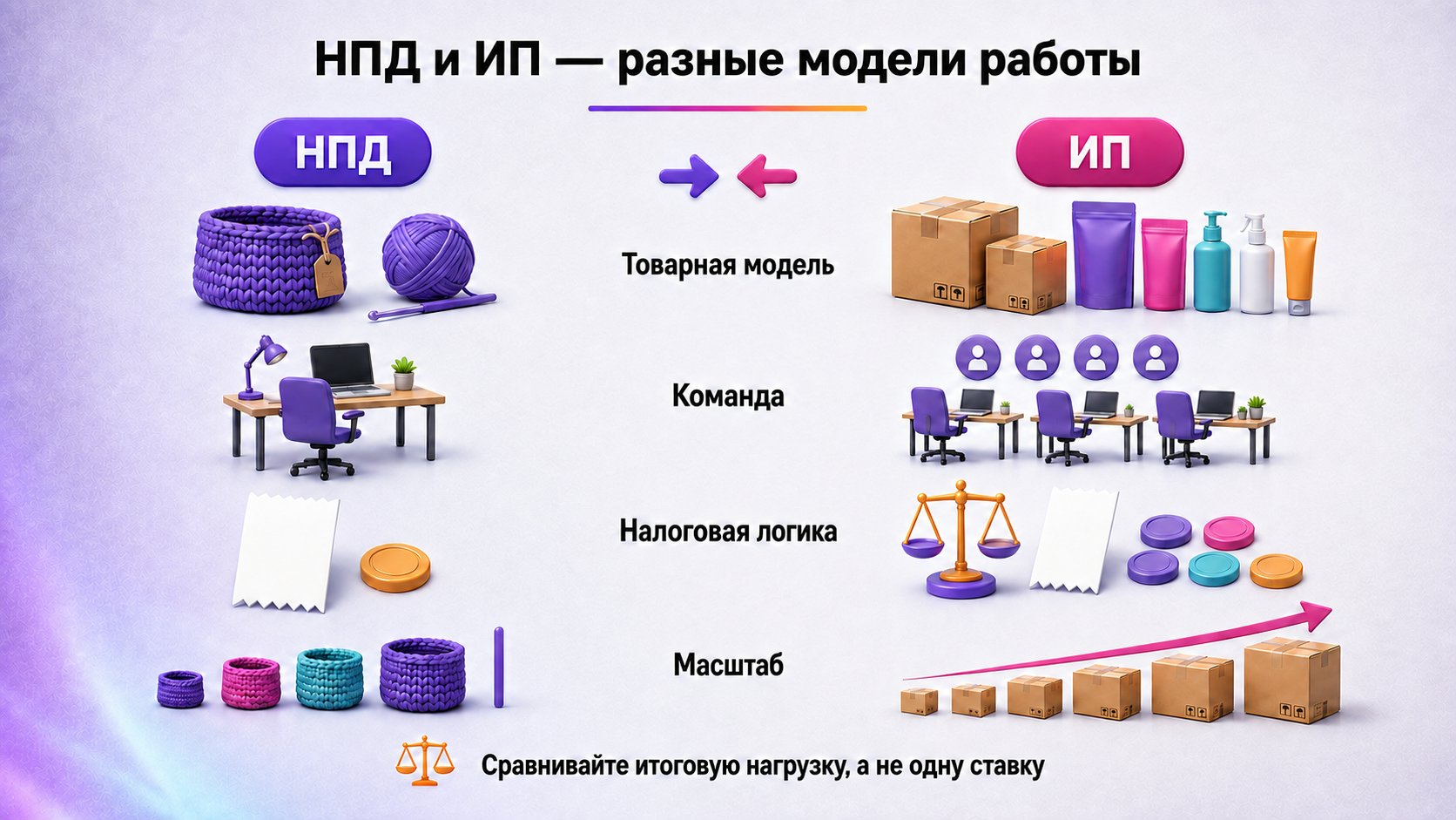 Чем самозанятость и ИП отличаются в работе продавца — НПД — ограниченная модель собственной продукции без штата; ИП — торговая система с командой, режимом на выбор и большим потенциалом роста.
