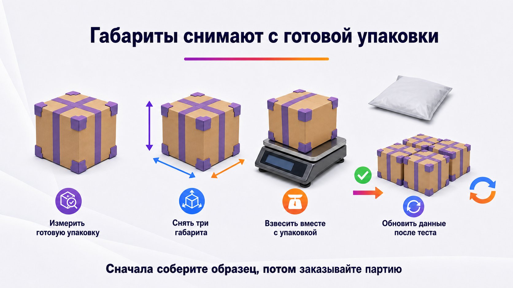 Как измерять товар в упаковке для Wildberries — Соберите и закройте упаковку, измерьте её по крайним точкам и взвесьте вместе с товаром; данные обновляйте после проверки образца.