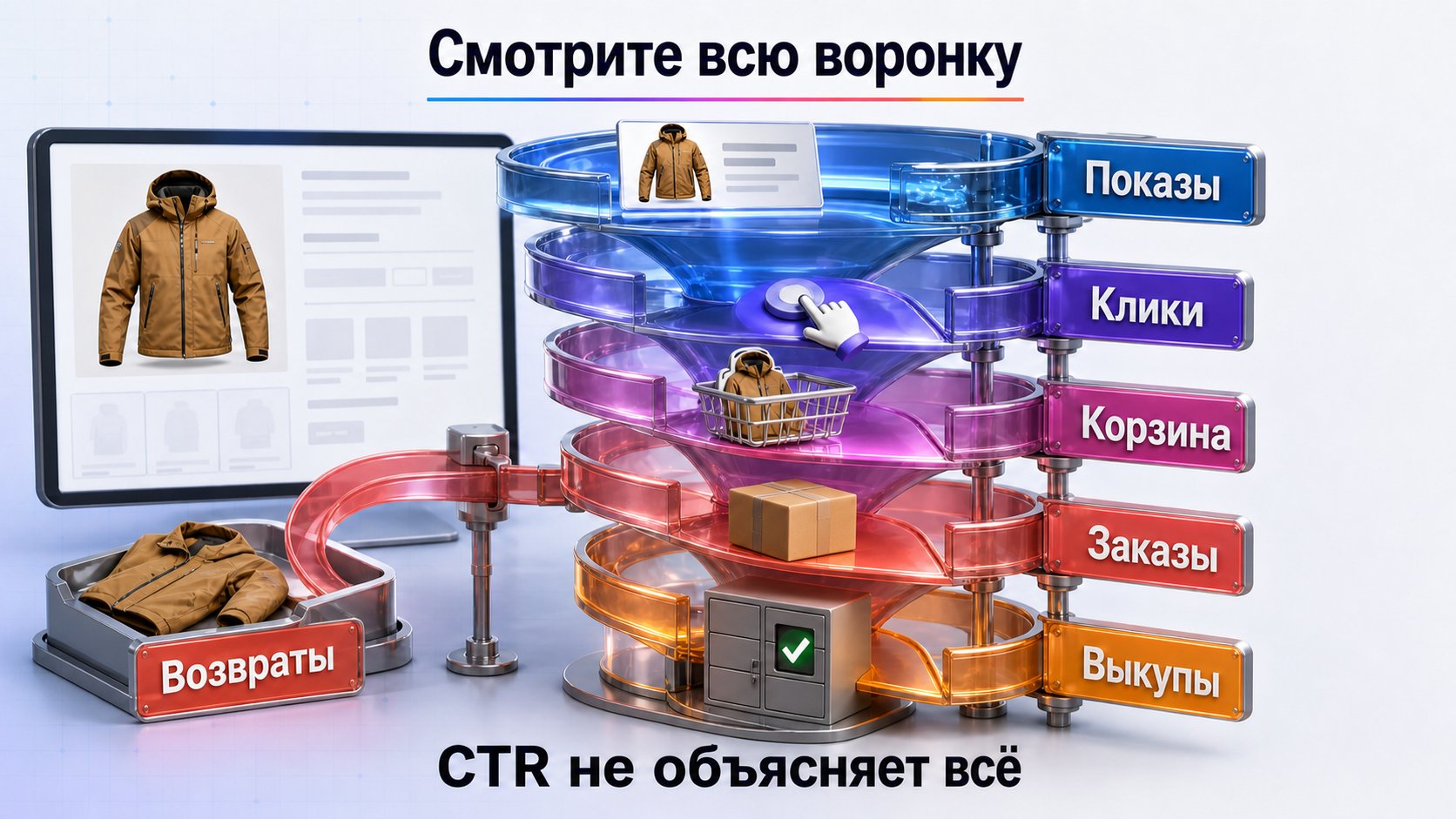 Как оценить результат после замены изображений — Главное фото оценивают прежде всего по переходам из показа в карточку. CTR — click-through rate, доля кликов среди показов — помогает сравнивать обложки, но не объясняет всю воронку. Галерея влияет на решение о заказе, поэтому вместе с CTR смотрите добавления в корзину, заказы, выкупы и возвраты.