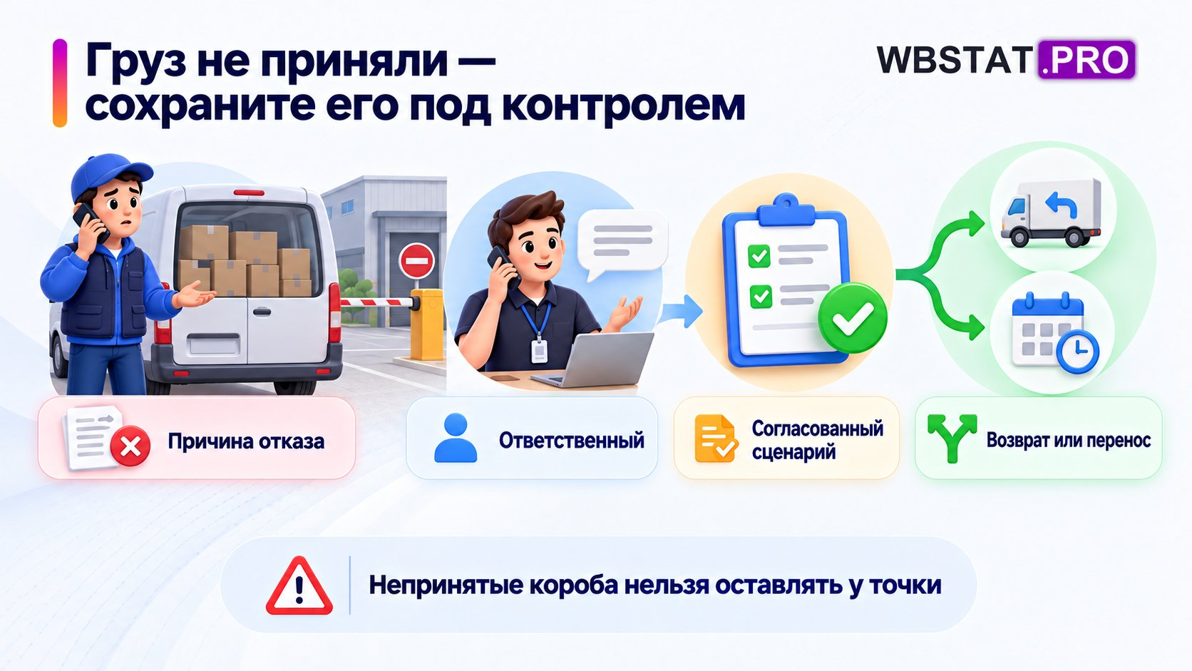 При отказе водитель фиксирует причину и согласует возврат или перенос.