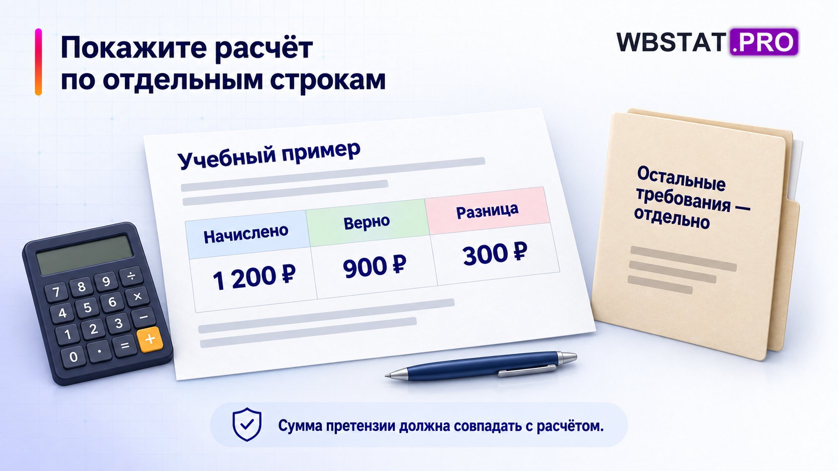 Учебная строка расчёта показывает разницу между начисленной и правильной суммой.