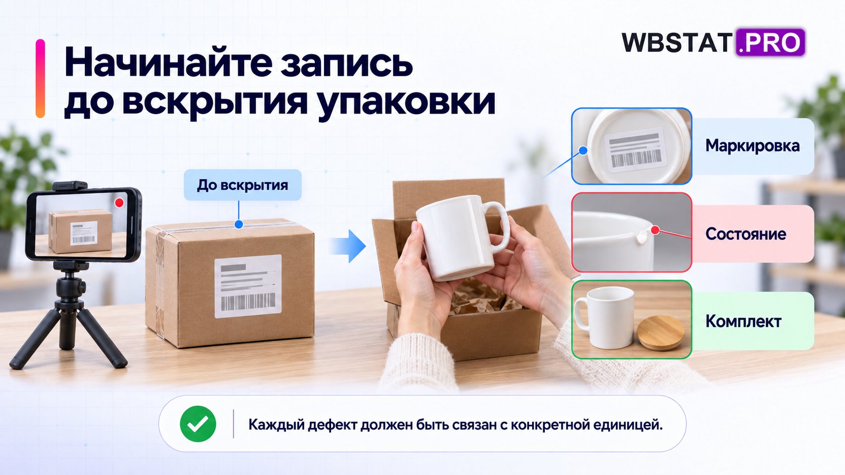 Начинайте запись до вскрытия упаковки. Каждый дефект должен быть связан с конкретной единицей.