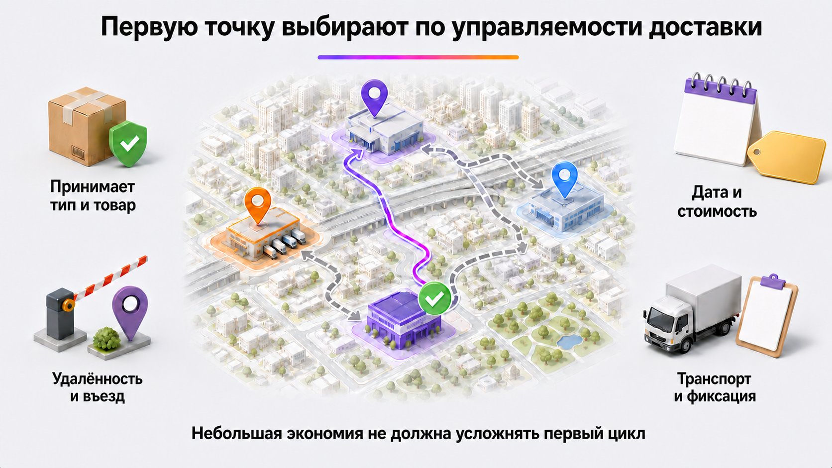 Как выбрать склад или сортировочный центр для первой поставки — Выбирайте принимающую точку по дате, стоимости, расстоянию, въезду и возможностям транспорта; для первого цикла важнее управляемый маршрут.