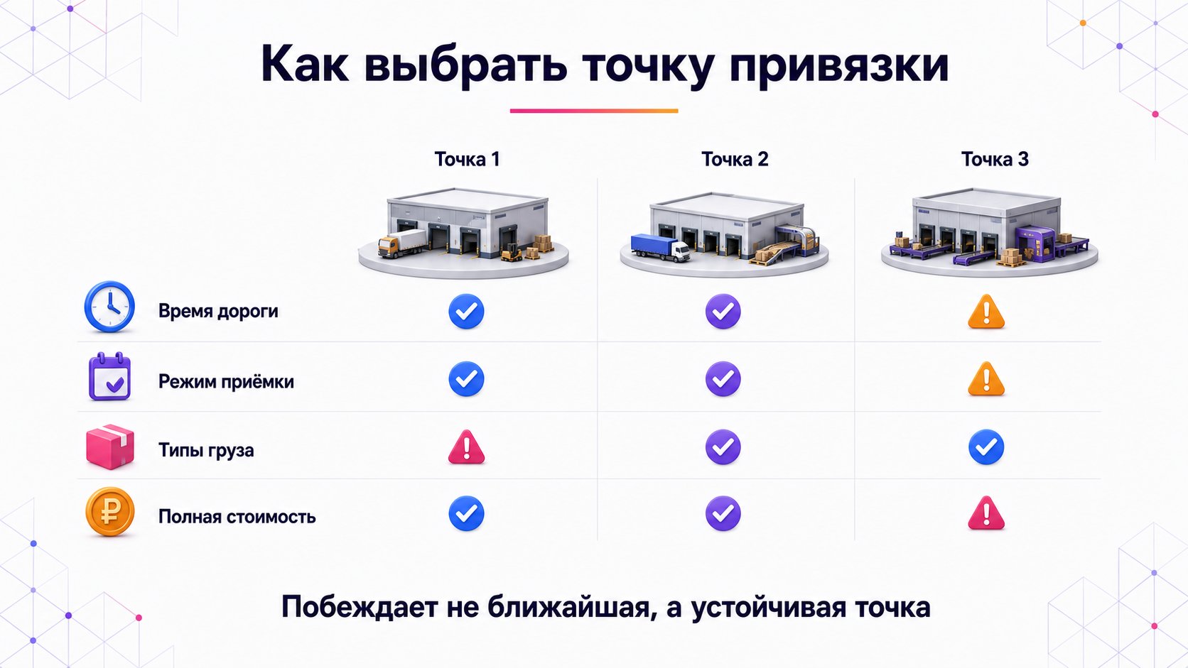 Как выбрать склад или сортировочный центр для привязки — Точку выбирают по стабильности довоза, условиям приёмки, допустимому грузу и полной стоимости логистики.