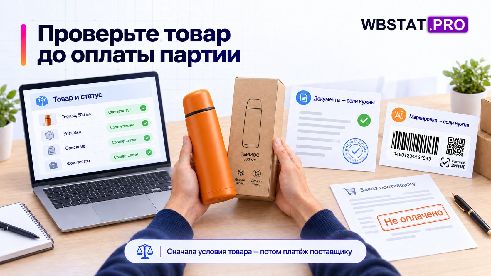 Проверка товара, статуса продавца, нужных документов и маркировки до оплаты поставщику.