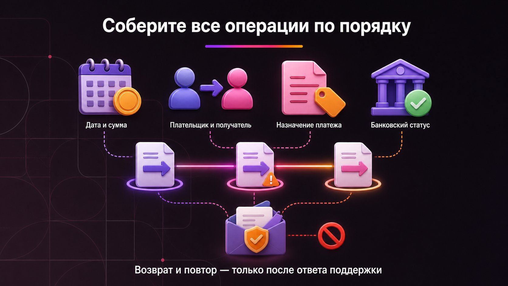 Что делать при ошибочной сумме, нескольких платежах или повторной оплате — Выстройте платежи по хронологии, приложите данные каждой операции и передайте единый комплект поддержке; не доплачивайте и не повторяйте платёж самостоятельно.