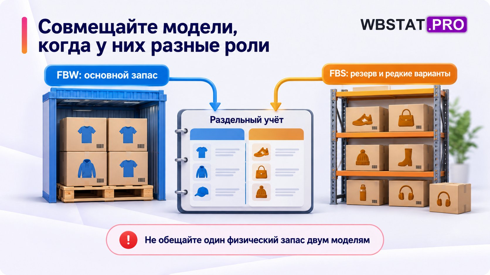 Основной запас FBW и резерв FBS учитываются раздельно, чтобы не продать товар дважды.