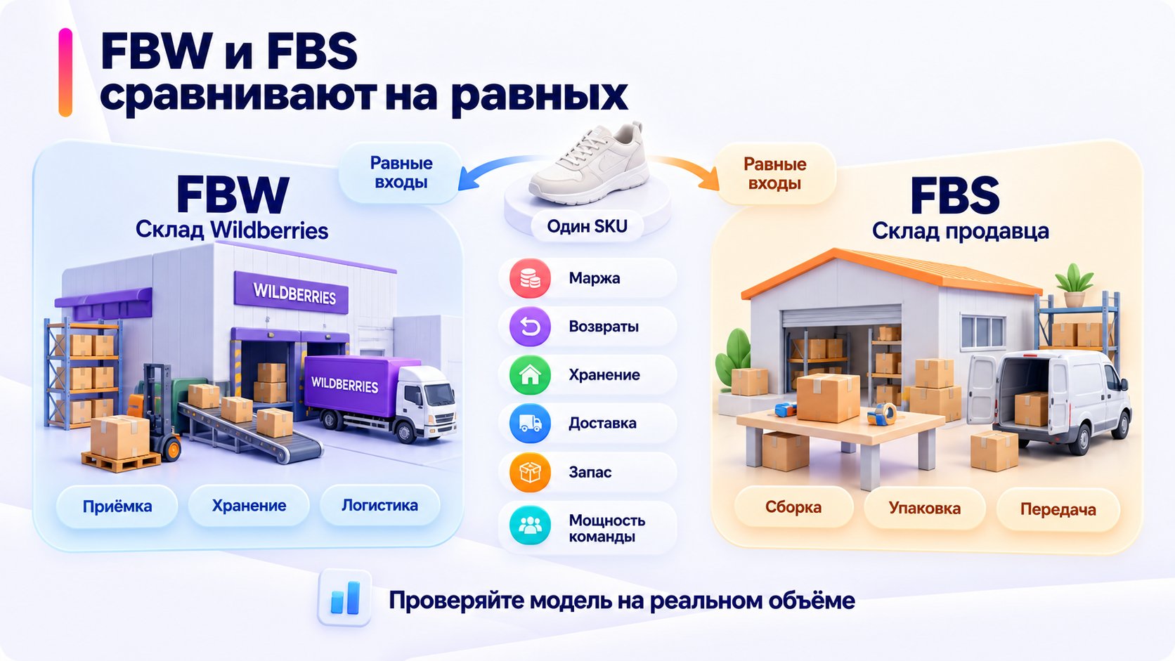 Сравнение экономики FBW и FBS для одного товара при одинаковых цене, себестоимости и спросе.