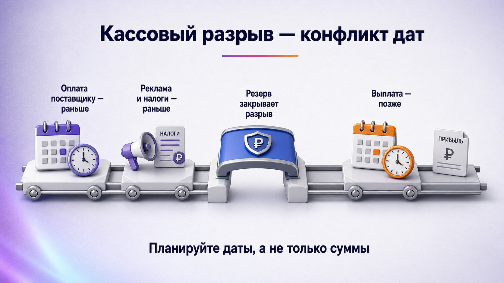 Как возникает кассовый разрыв — Обязательства наступают раньше, чем деньги от продаж становятся доступными.