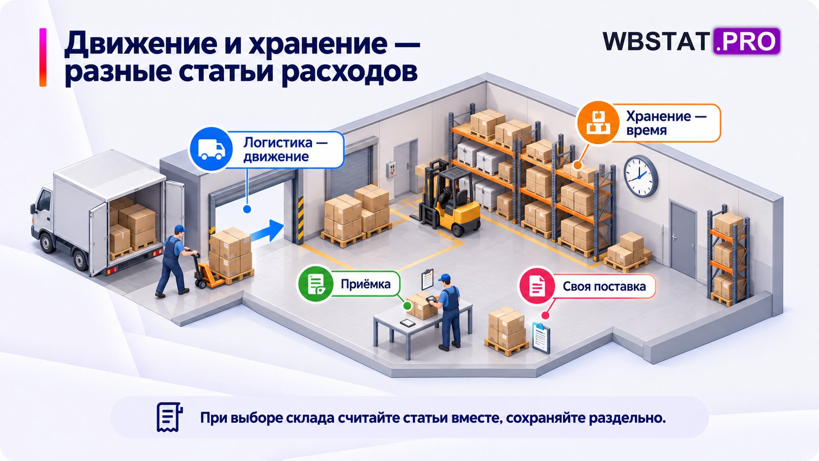 Логистика и хранение показаны как движение товара и время на складе с отдельным учётом расходов.