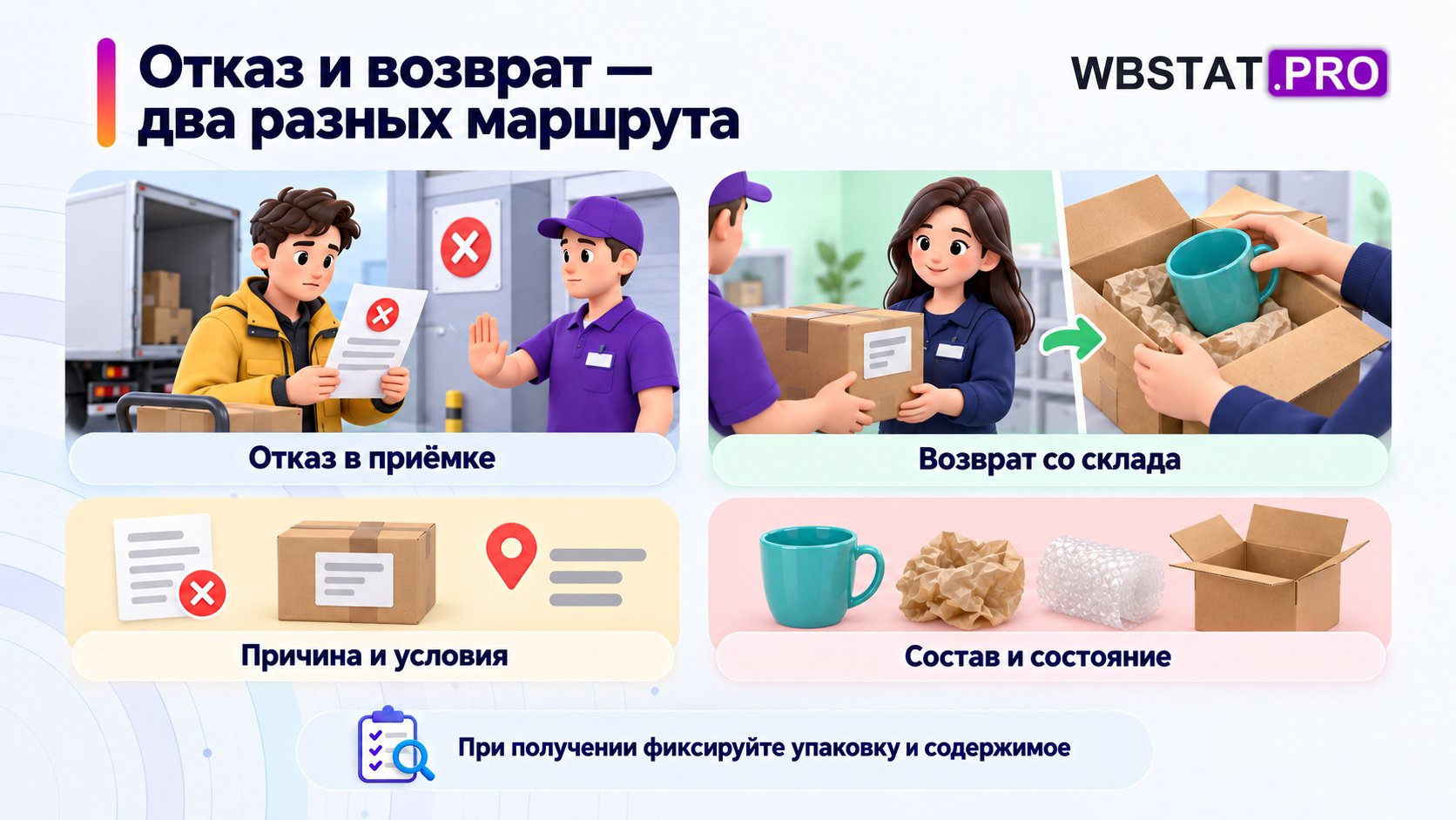 Различать отказ до приёмки и возврат со склада.; Для отказа выясняют условия исправления, при возврате фиксируют комплектность и состояние на получении.