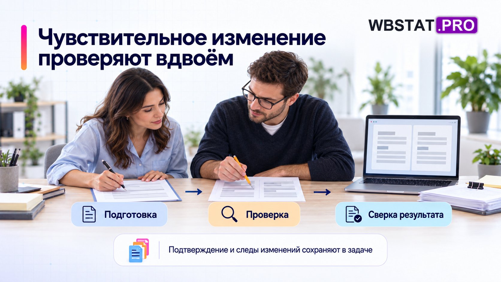 Два человека проверяют изменение и сопоставляют сохранённый результат.