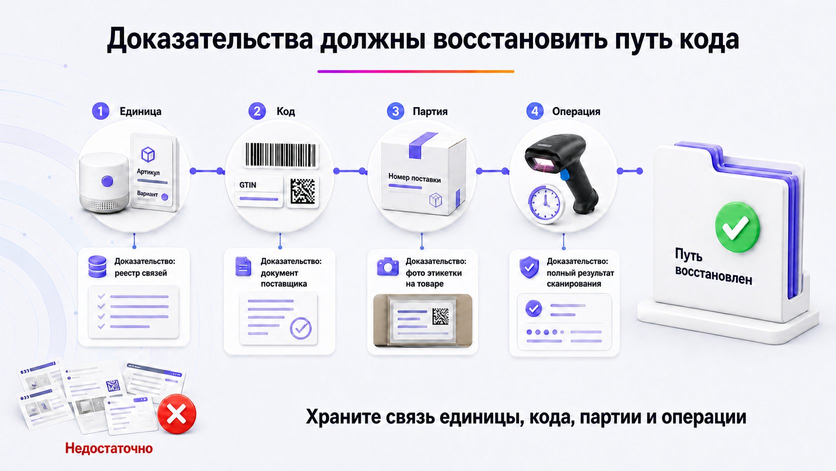 Какие доказательства хранить по маркировке — Храните не набор скриншотов, а восстанавливаемую цепочку: конкретная единица — код — карточка — партия — операция, подтверждённую документами, фото, полным сканом и временем.