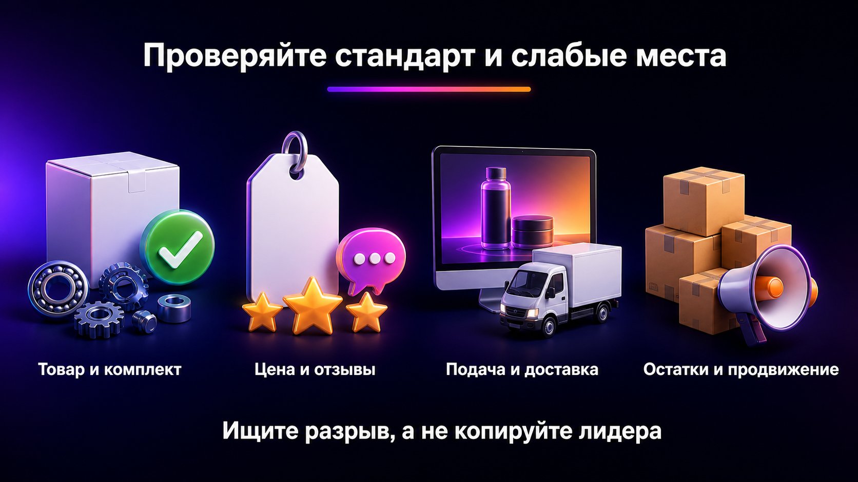 Что проверить у конкурентов в выбранной нише — Сравните товар, цену, отзывы, подачу, доставку, остатки и продвижение, чтобы найти незакрытое ожидание покупателя.